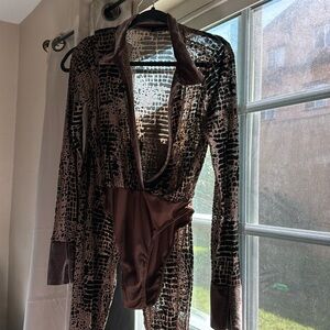 Two Piece Body Suit Top With Pants Sheer Giraffe Print
